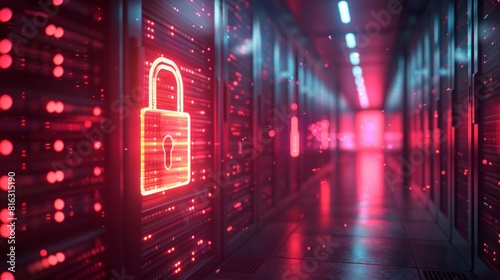 3D rendering of Futuristic Key symbol with glowing padlock icon on background of binary code in data center room.