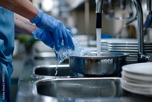Wallpaper Mural Restaurant kitchen water - Person in gloves washing dishes with splashing water Torontodigital.ca