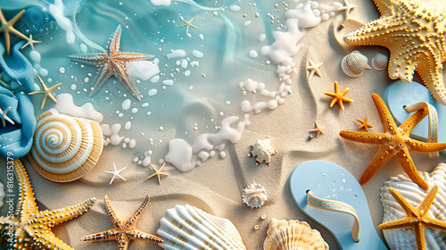 Tropical Beach with Starfish and Seashells, Artfully Arranged on the Sand for a Perfect Vacation Background