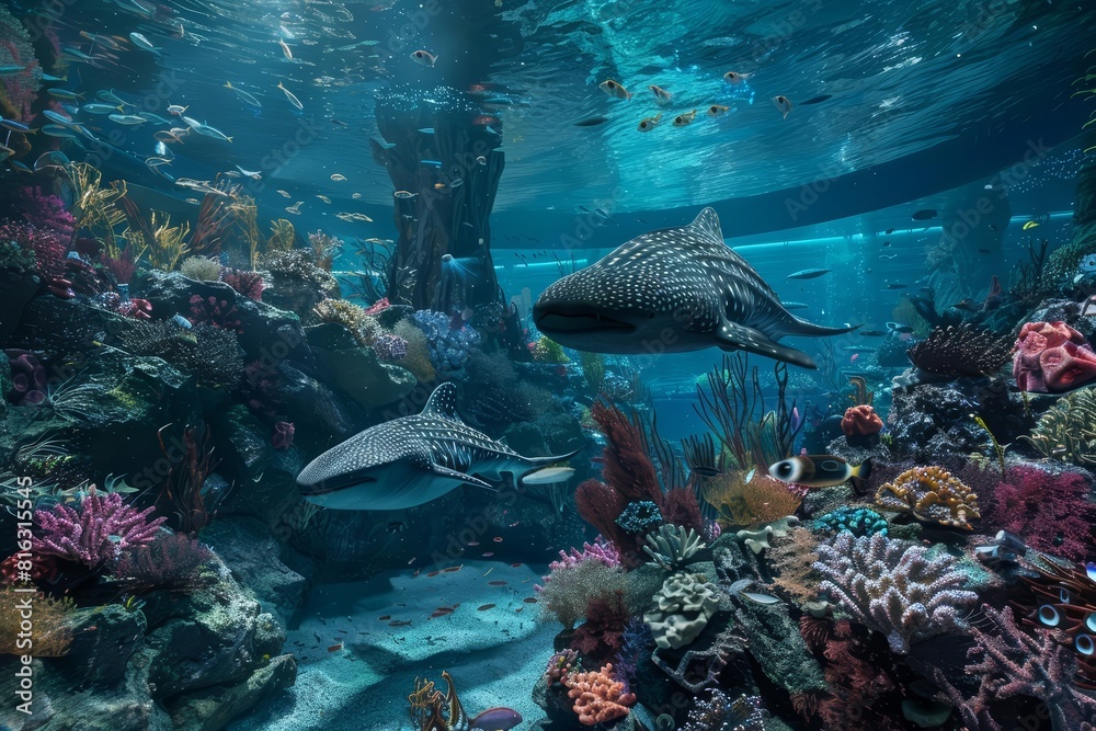 Fototapeta premium In an underwater habitat, scientists use AI to monitor oceanic conditions and marine life, creating a banner highlighting marine research technology