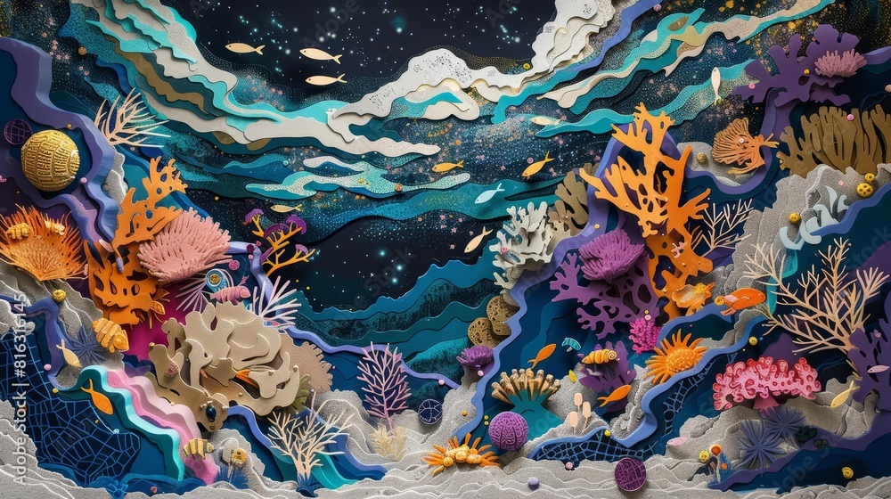 Fototapeta premium Paper cut design of an elaborate underwater coral reef bustling with marine life, enhanced with futuristic styles accents