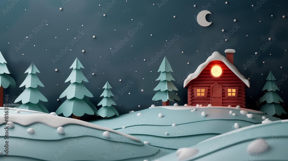 Paper Effect greeting card concept illustration of a cozy winter cabin scene during Christmas, created in paper art styles