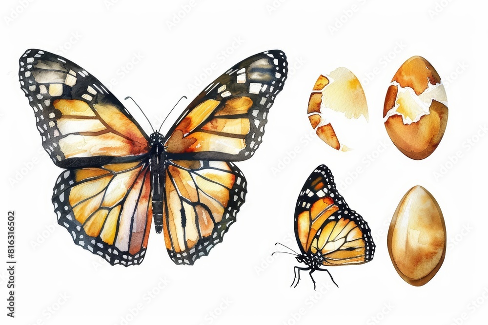 Obraz premium Set of watercolors capturing the lifecycle of a monarch butterfly, from egg to majestic adult, Clipart isolated on white