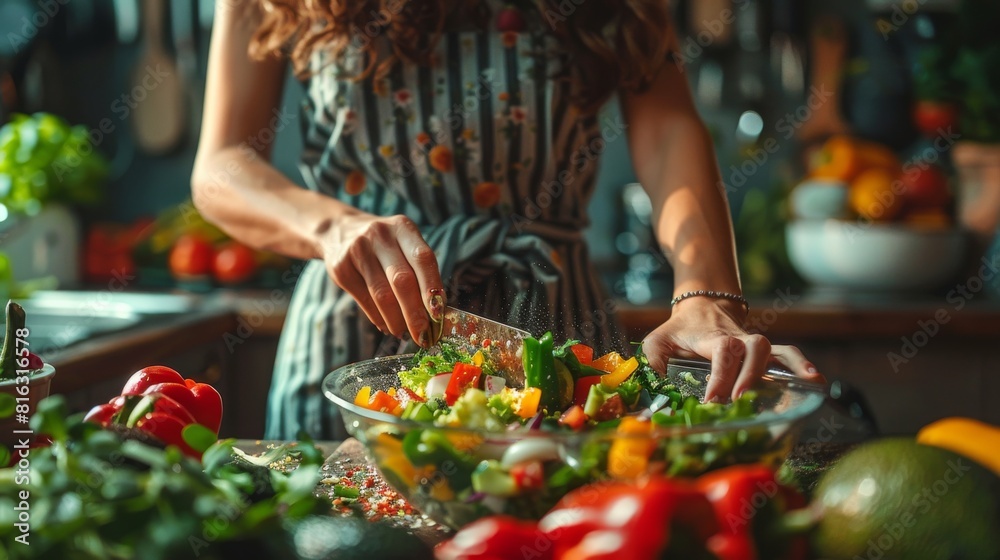 Focused young woman preparing a colorful salad with fresh vegetables in a sunlit, plant-filled kitchen, showcasing a healthy lifestyle. Focused young woman preparing a colorful salad with fresh vegetables in a sunlit, plant-filled kitchen, showcasing a healthy lifestyle.