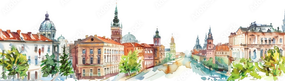 Set of watercolors showing a birds eye view of different famous city squares around the world, Clipart isolated on white Set of watercolors showing a birds eye view of different famous city squares around the world, Clipart isolated on white