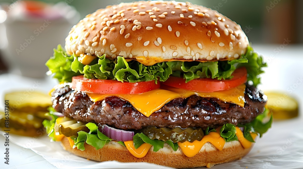 Photograph of a juicy cheeseburger with lettuce, tomato, and pickles on a white background Photograph of a juicy cheeseburger with lettuce, tomato, and pickles on a white background