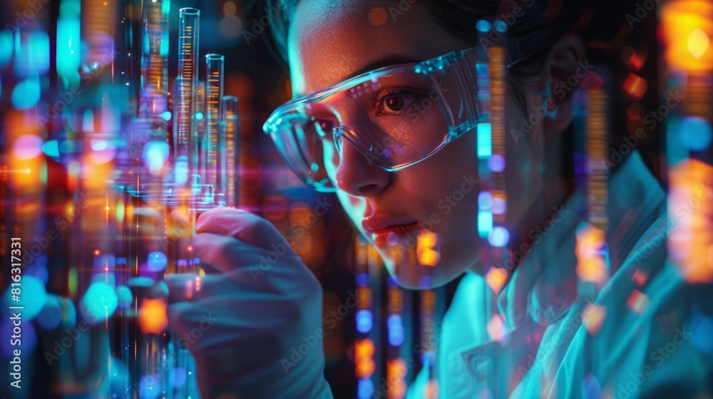 A scientist holding medical testing tubes in colourful laboratory. Scientist futuristic concept. A scientist holding medical testing tubes in colourful laboratory. Scientist futuristic concept.