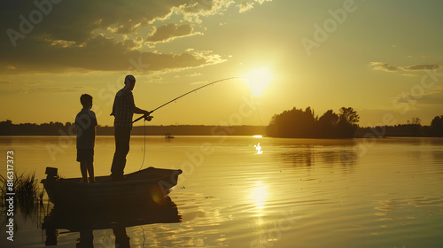 silhouette of man and teen boy fishing on the lake Copy space : Generative AI