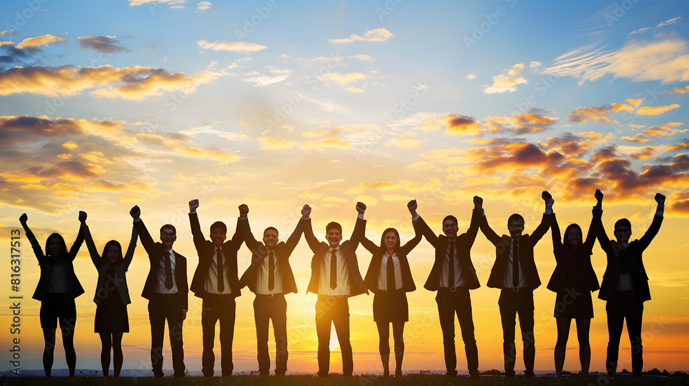 Silhouette of group happy business team making high hands over head in sunset sky background for business teamwork concept : Generative AI Silhouette of group happy business team making high hands over head in sunset sky background for business teamwork concept : Generative AI