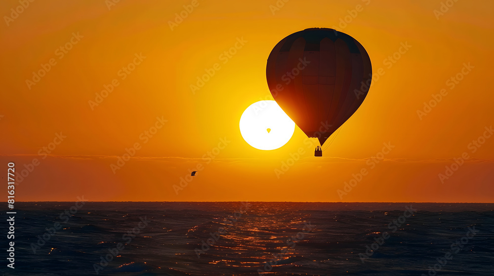 Silhouette of hot air balloon over large sun disk and ocean Beautiful setting sun over sea with waves big air balloon flying in the sky : Generative AI Silhouette of hot air balloon over large sun disk and ocean Beautiful setting sun over sea with waves big air balloon flying in the sky : Generative AI