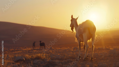 A goat watching the sunrise in the Israeli Negev desert : Generative AI © Generative AI