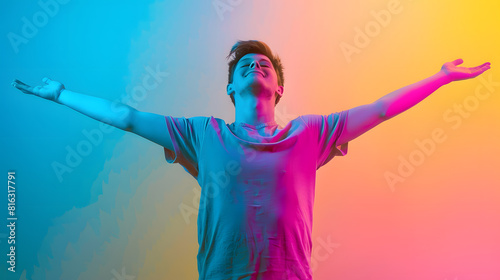 happy person young man with arms outstretched having a positive mindset : Generative AI