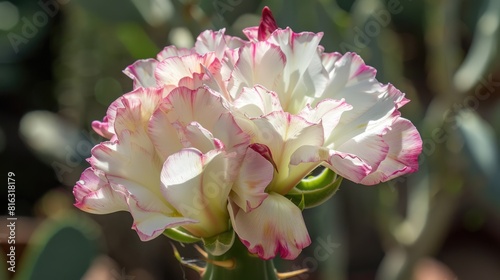 A white and pink desert rose opens its petals gently in the morning sunlight revealing soft pink tones and creating a tranquil moment photo