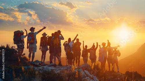 Big group of happy tourists are having fun and greeting sunset at mountain top Active vacations concept : Generative AI