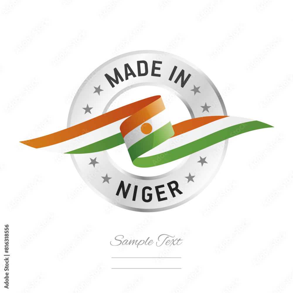 Made in Niger. Niger flag ribbon with circle silver ring seal stamp icon. Niger sign label vector isolated on white background Made in Niger. Niger flag ribbon with circle silver ring seal stamp icon. Niger sign label vector isolated on white background