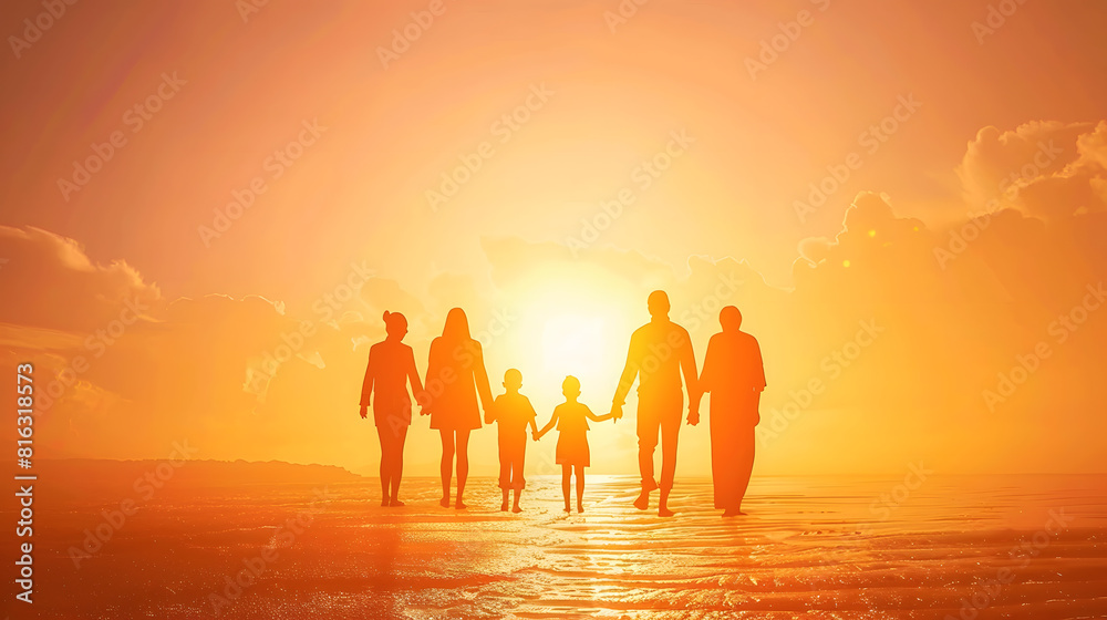 Family holding hands beach at sunset and generations grandparents travel with parents and kids with orange sky Back unity and men women and children silhouette and vacation with mockup : Generative AI Family holding hands beach at sunset and generations grandparents travel with parents and kids with orange sky Back unity and men women and children silhouette and vacation with mockup : Generative AI