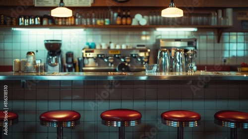 Retro Diner Counter With Coffee Maker And Stools
