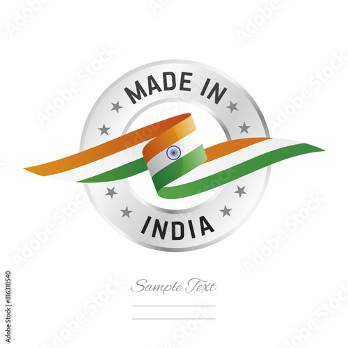 Made in India. India flag ribbon with circle silver ring seal stamp icon. India sign label vector isolated on white background