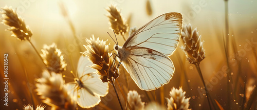 Vibrant Butterfly on a Meadow Flower, Close-Up Detail of Its Delicate Wings Against a Fresh Green Background