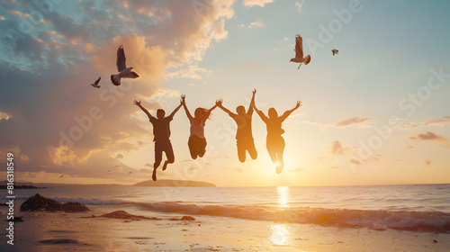 Silhouette friends jumping and holding number 2024 on sunset sky with birds flying abstract background at tropical beach Happy new year and holiday celebration concept Vintage tone col : Generative AI photo