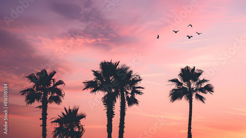 Silhouette of palm trees against a sunset sky with birds flying above   Generative AI