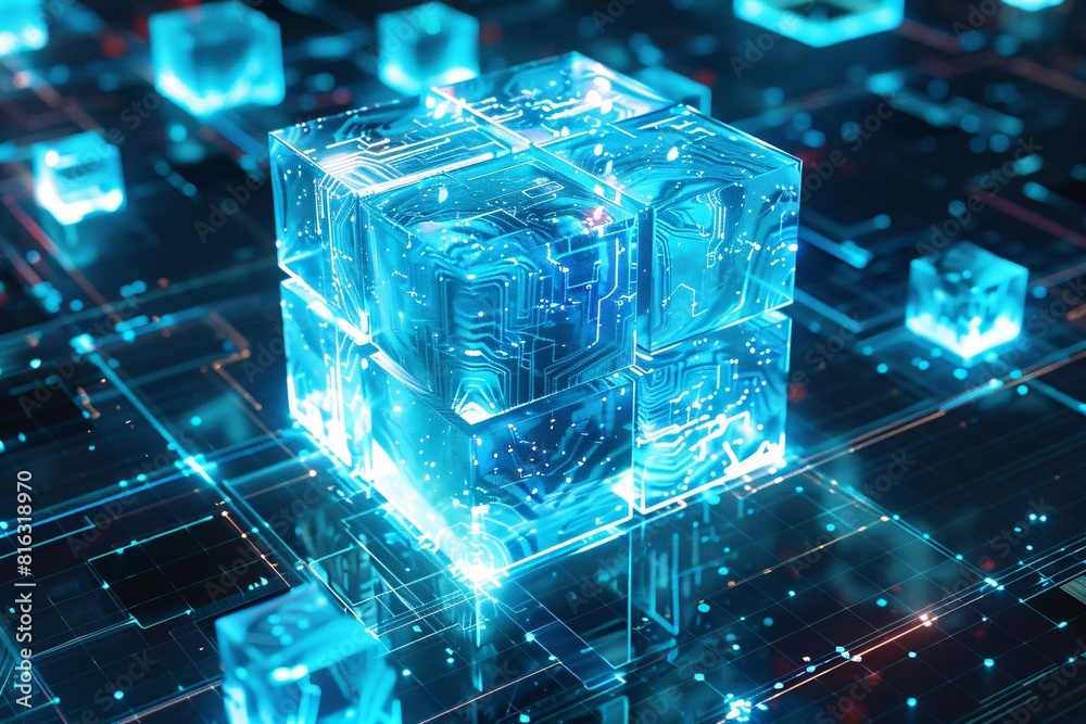 Futuristic Crystal-like Data Center with Glowing Cube in a Digital Network Futuristic Crystal-like Data Center with Glowing Cube in a Digital Network