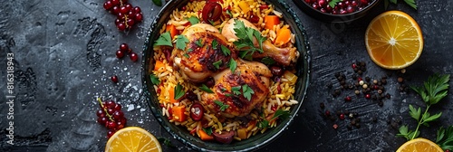 Fresh presentation of Persian Zereshk Polo Ba Morgh Barberry Rice with Chicken, food studio photography photo
