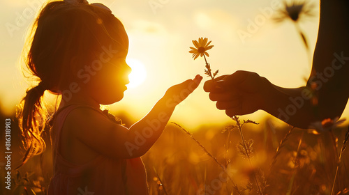A silhouette of a sweet toddler girl is handing her mother a Daisy flower in a meadow outside at sunset on a summer day : Generative AI photo