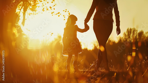 Silhouettes of mamma holding hand of daughter and talking about childhood while walking with child in sunlit field Silhouettes of mamma with daughter sharing secrets at setting sun in    Generative AI
