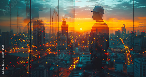 Construction worker silhouette against city sunset view. Generated by AI