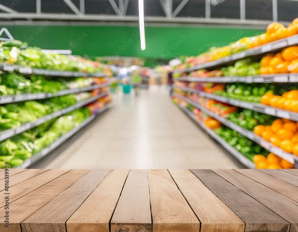 Empty wood table top with supermarket blurred background for product display Empty wood table top with supermarket blurred background for product display