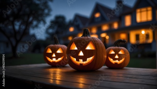 Pumpkin lantern with blurred background of house terrace at night for halloween decoration. Ai Generative.