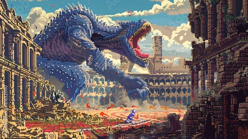 The pixelated image shows a blue dragon destroying a city. The dragon is breathing fire on the buildings, and people are running away in terror.