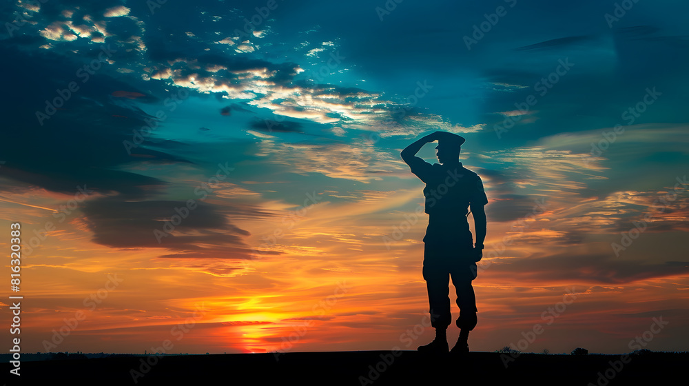 Silhouette of soldier standing against the backdrop of a sunset Greeting card for Veterans Day Memorial Day Independence Day USA celebration Concept patriotism protection remember hon : Generative AI Silhouette of soldier standing against the backdrop of a sunset Greeting card for Veterans Day Memorial Day Independence Day USA celebration Concept patriotism protection remember hon : Generative AI