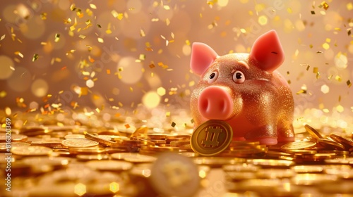 Cute Piggy Character with Coins Amidst Gold Confetti