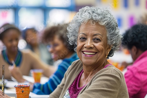 Elderly Woman Smiling at a Group of People in an Educational Setting