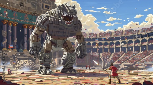 A brave gladiator fights a giant monster in a pixelated arena. The crowd watches in awe as the battle unfolds.