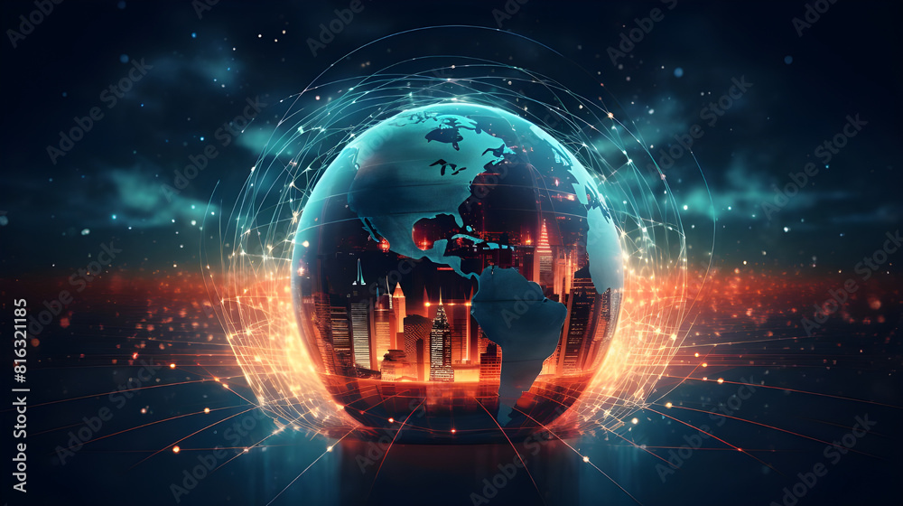 Obraz premium digital world, centered on America, enables global connectivity, high-speed data transfer, cyber technology, information exchange, and international communication.