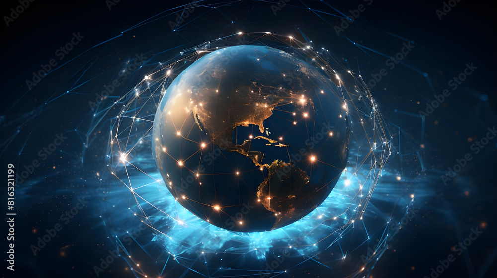Obraz premium digital world, centered on America, enables global connectivity, high-speed data transfer, cyber technology, information exchange, and international communication.
