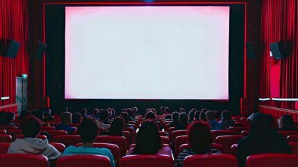 Cinema blank wide screen and people in red chairs in the cinema hall Blurred People silhouettes watching movie performance : Generative AI