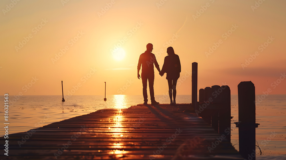 Silhouette of couple holding hands and standing on pier at sunrise : Generative AI Silhouette of couple holding hands and standing on pier at sunrise : Generative AI