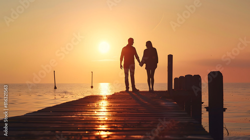 Silhouette of couple holding hands and standing on pier at sunrise : Generative AI photo