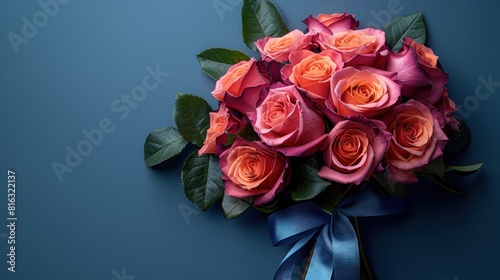 Bouquet of flowers with blue rope on purple background