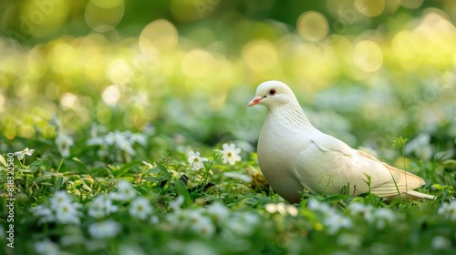 A white dove resting on the grass photo