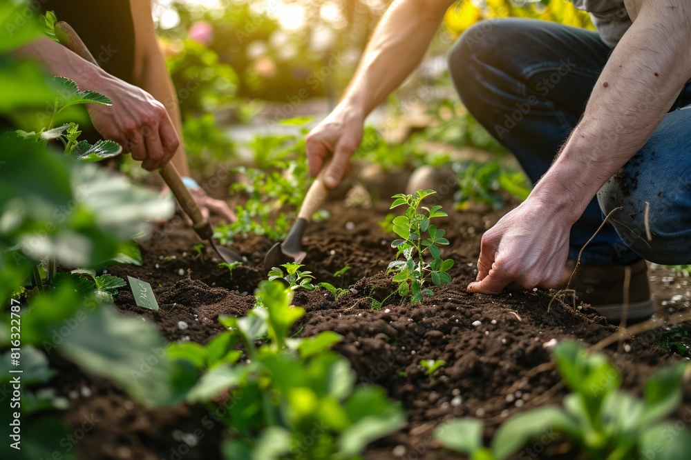 Two Gardeners Tending to a Row of Vegetables Two Gardeners Tending to a Row of Vegetables