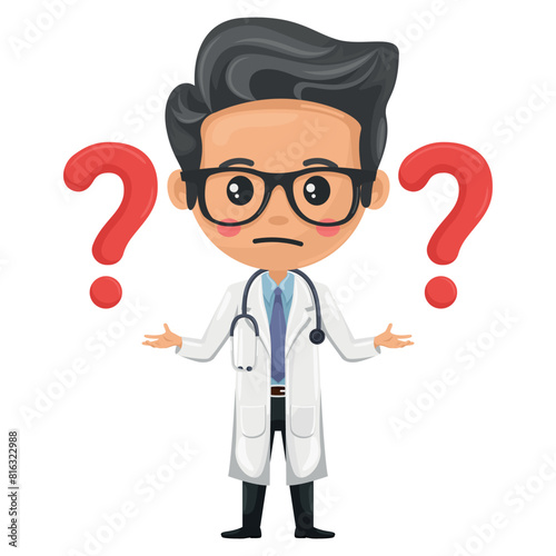 Doctor character cartoon with giant question sign for FAQ concept. Health and medicine concept. Health professional to perform a medical examination. Research, science and technology in health