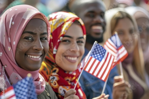 proud new americans group of diverse immigrants holding small us flags on naturalization day patriotic photography photo