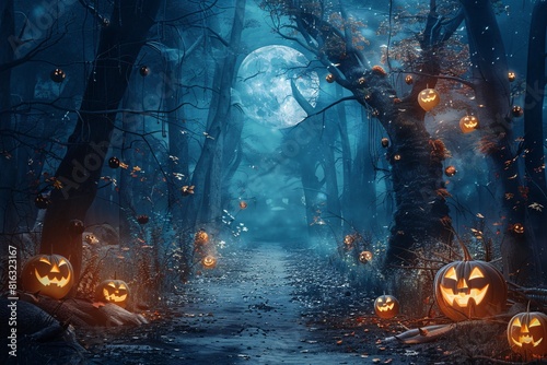 Autumnal Night Scene in a Halloween-themed Forest with Jack-o'-Lanterns