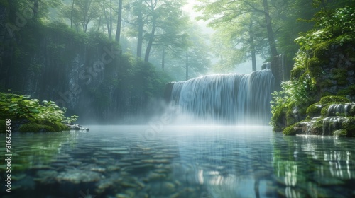 waterfall cascading down into a crystal-clear pool, surrounded by lush greenery. The scene is in the early morning.