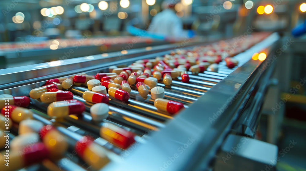Fototapeta premium Automated Capsule Sorting on Industrial Conveyor